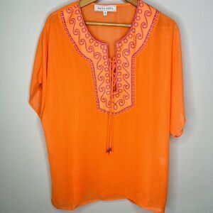 Paula Deen women’s orange purple lace up front semi sheer blouse XS Oversized